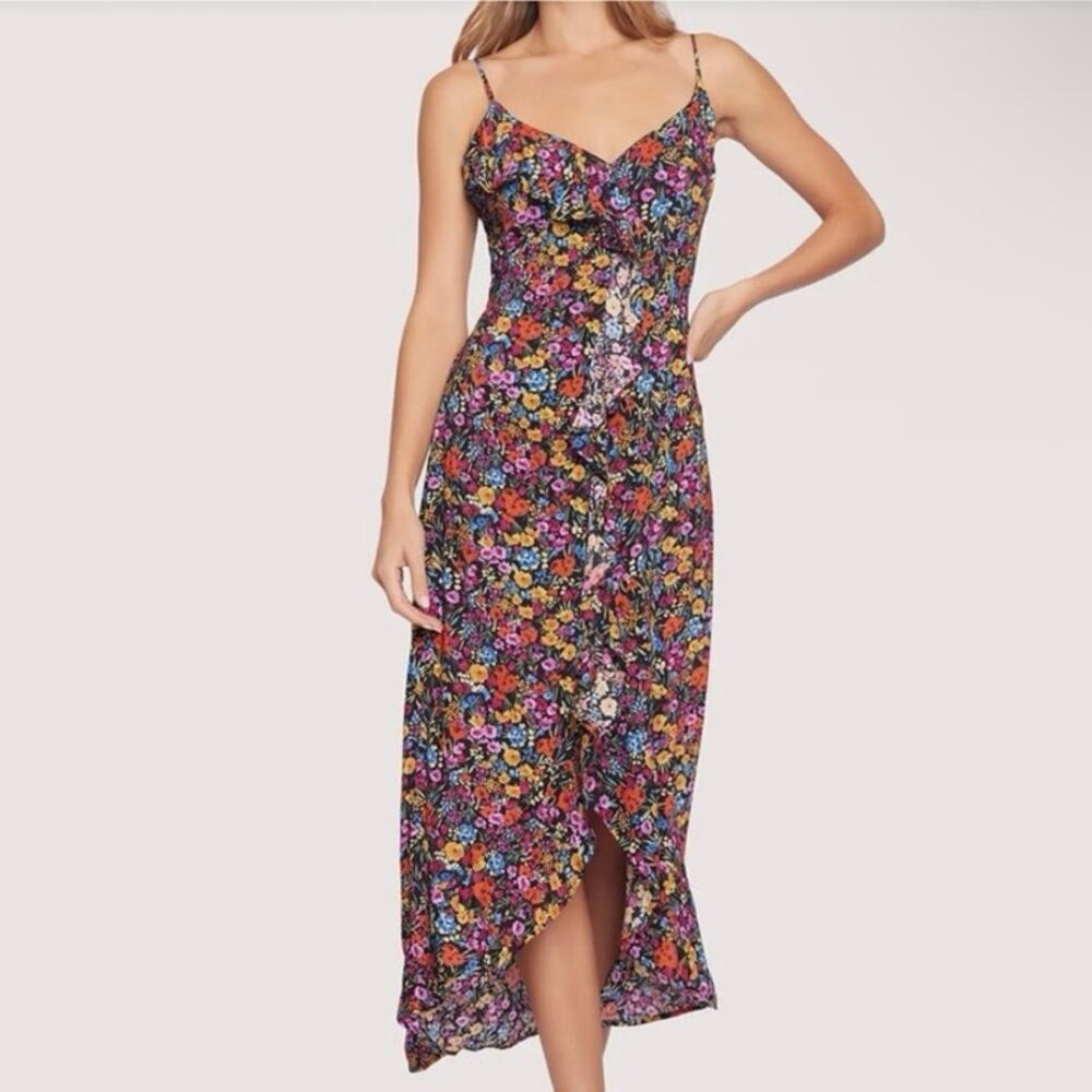 Lost+Wander Black Floral Ruffle Asymmetrical Hi Low Tie Back Midi Dress S New